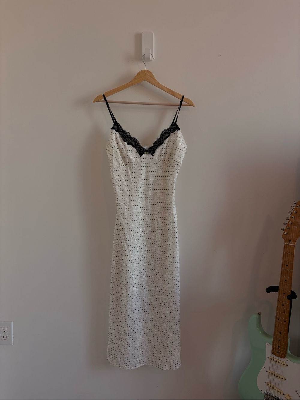 Women's White Polka Dot Slip Dress with Black Lace Trim